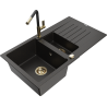 Mexen Matias 1.5-compartment granite sink with a drip tray and kitchen mixer tap Flora, Black/Gold - 6502-75-670401-57-G