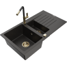 Mexen Matias granite sink 1.5-bowl with drainer and kitchen faucet Flora, black/gold - 6502-75-670401-57-G