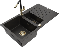 Mexen Matias 1.5-compartment granite sink with a drip tray and kitchen mixer tap Flora, Black/Gold - 6502-75-670401-57-G