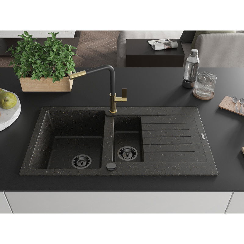 Mexen Matias 1.5-bowl granite sink with drainer and Flora kitchen tap, black/gold - 6502-75-670401-57-B