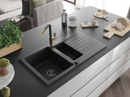 Mexen Matias 1.5-compartment granite sink with a drip tray and kitchen mixer tap Flora, Black/Gold - 6502-75-670401-57-B