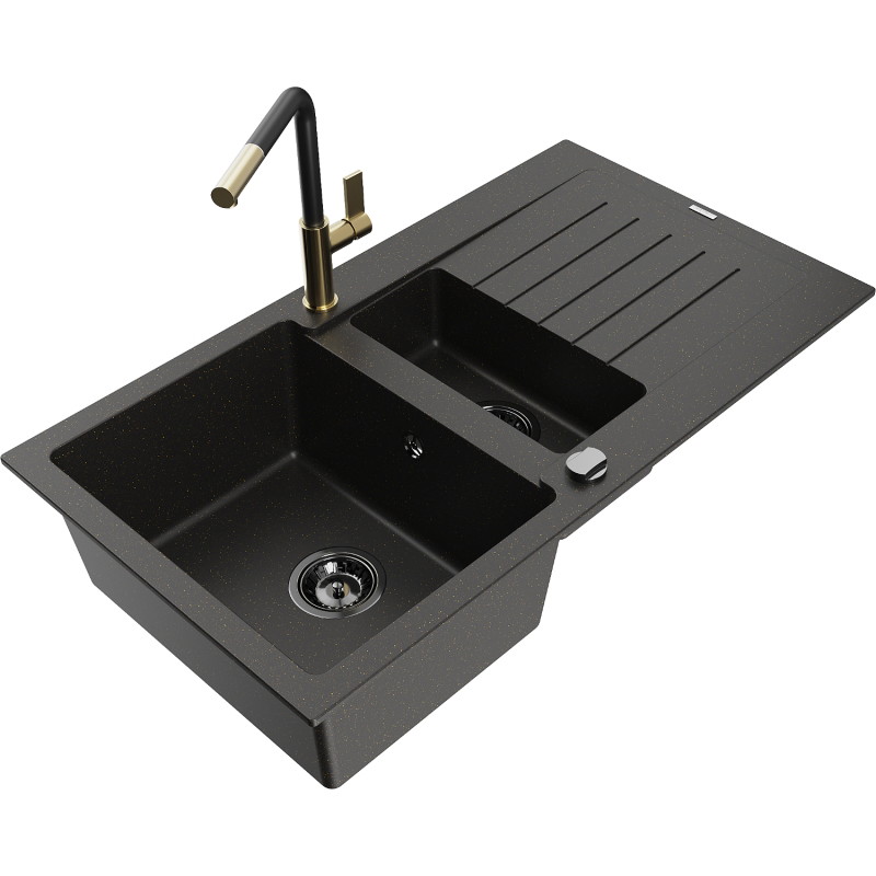 Mexen Matias 1.5-bowl granite sink with drainer and Flora kitchen faucet, black/gold - 6502-75-670401-57-B