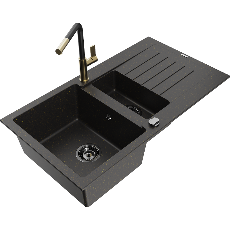 Mexen Matias 1.5-compartment granite sink with a drip tray and kitchen mixer tap Flora, Black/Gold - 6502-75-670401-57-B