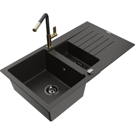 Mexen Matias 1.5-bowl granite sink with drainer and Flora kitchen faucet, black/gold - 6502-75-670401-57-B