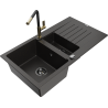Mexen Matias 1.5-bowl granite sink with drainer and Flora kitchen faucet, black/gold - 6502-75-670401-57-B