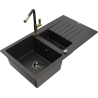 Mexen Matias 1.5-compartment granite sink with a drip tray and kitchen mixer tap Flora, Black/Gold - 6502-75-670401-57-B