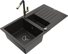Mexen Matias 1.5-bowl granite sink with drainer and Flora kitchen faucet, black/gold - 6502-75-670401-57-B
