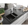 Mexen Matias granite sink 1.5-bowl with drainer and Flora kitchen faucet, black/gold - 6502-75-670401-70-B