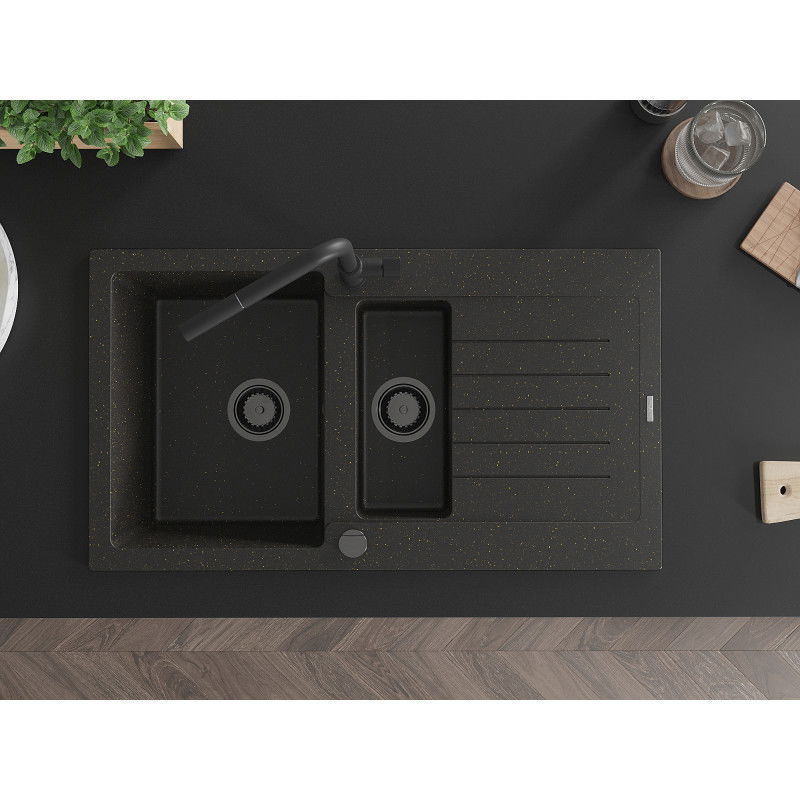 Mexen Matias 1.5-bowl granite sink with drainer and Flora kitchen tap, black/gold - 6502-75-670401-70-B