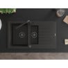 Mexen Matias granite sink 1.5-bowl with drainer and Flora kitchen faucet, black/gold - 6502-75-670401-70-B