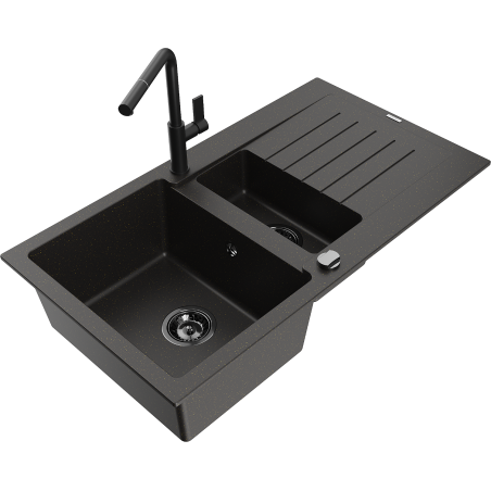 Mexen Matias 1.5-compartment granite sink with a drip tray and kitchen mixer tap Flora, Black/Gold - 6502-75-670401-70-B