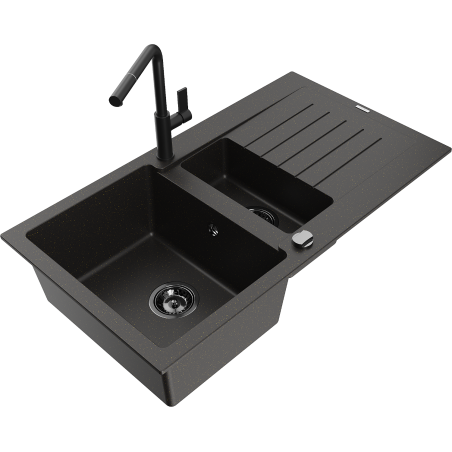 Mexen Matias granite sink 1.5-bowl with drainer and Flora kitchen faucet, black/gold - 6502-75-670401-70-B