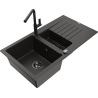 Mexen Matias 1.5-compartment granite sink with a drip tray and kitchen mixer tap Flora, Black/Gold - 6502-75-670401-70-B