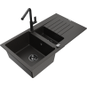 Mexen Matias granite sink 1.5-bowl with drainer and Flora kitchen faucet, black/gold - 6502-75-670401-70-B
