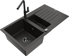 Mexen Matias granite sink 1.5-bowl with drainer and Flora kitchen faucet, black/gold - 6502-75-670401-70-B