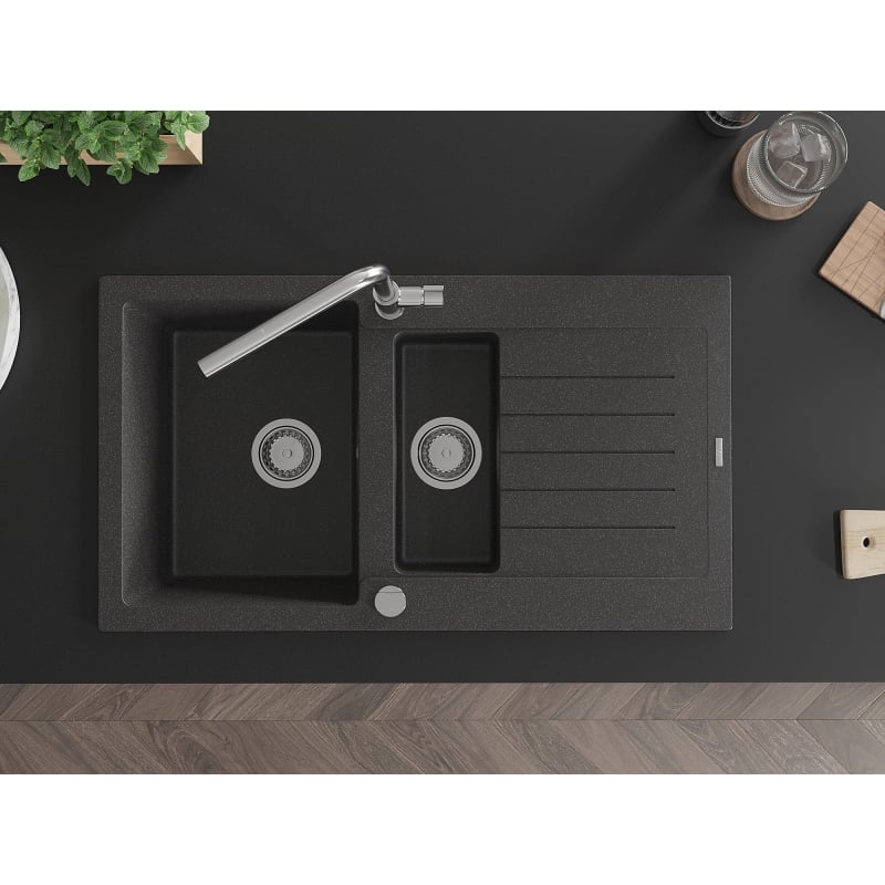 Mexen Matias granite sink 1.5-bowl with drainer and kitchen faucet Flora, black speckled - 6502-76-670401-00