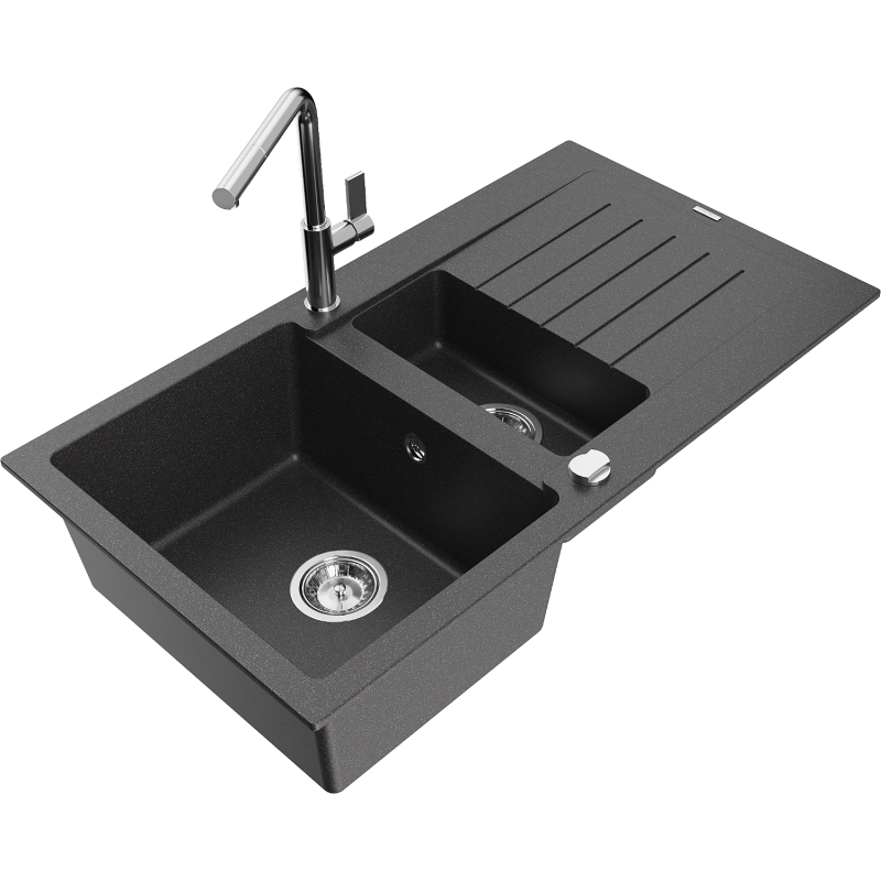 Mexen Matias 1.5-compartment granite sink with a drip tray and kitchen mixer tap Flora, spotted black - 6502-76-670401-00