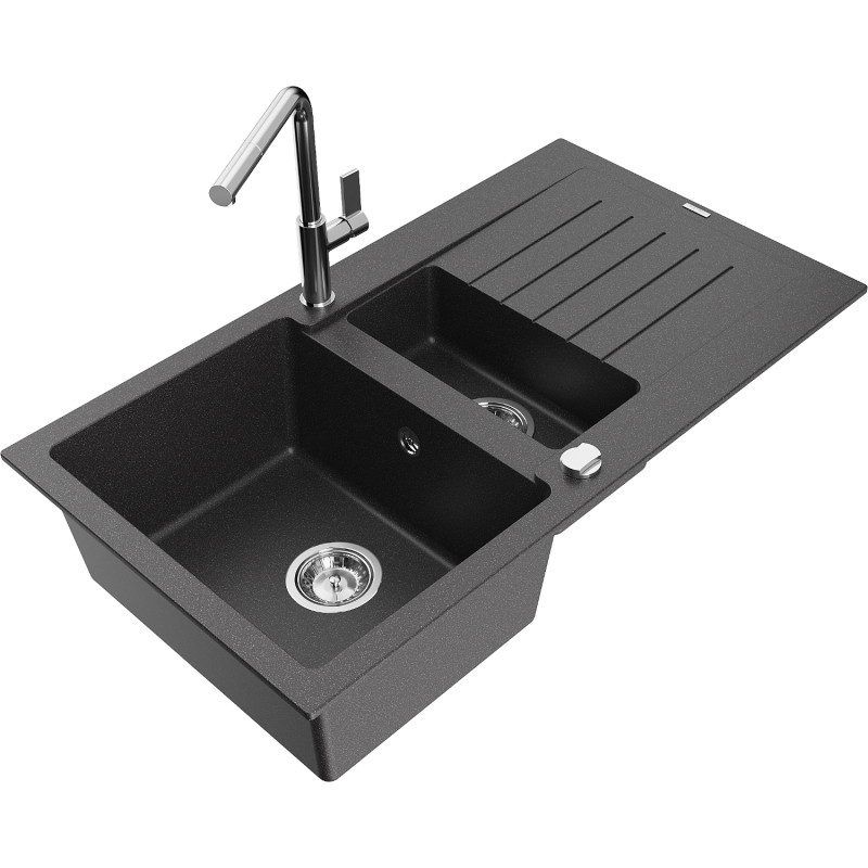 Mexen Matias granite sink 1.5-bowl with drainer and kitchen faucet Flora, black speckled - 6502-76-670401-00