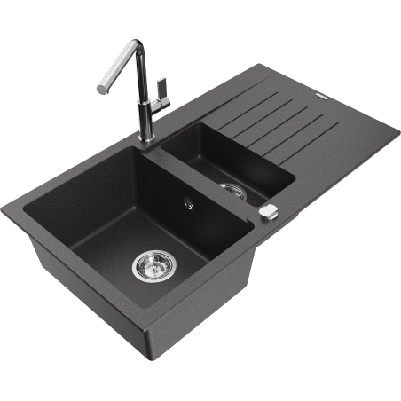 Mexen Matias granite sink 1.5-bowl with drainer and kitchen faucet Flora, black speckled - 6502-76-670401-00