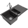 Mexen Matias 1.5-compartment granite sink with a drip tray and kitchen mixer tap Flora, spotted black - 6502-76-670401-00