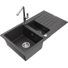 Mexen Matias granite sink 1.5-bowl with drainer and kitchen faucet Flora, black speckled - 6502-76-670401-00
