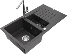 Mexen Matias granite sink 1.5-bowl with drainer and kitchen faucet Flora, black speckled - 6502-76-670401-00