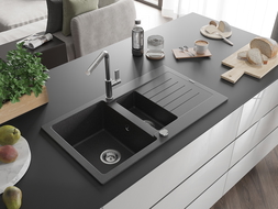 Mexen Matias 1.5-compartment granite sink with a drip tray and kitchen mixer tap Flora, spotted black - 6502-76-670401-00