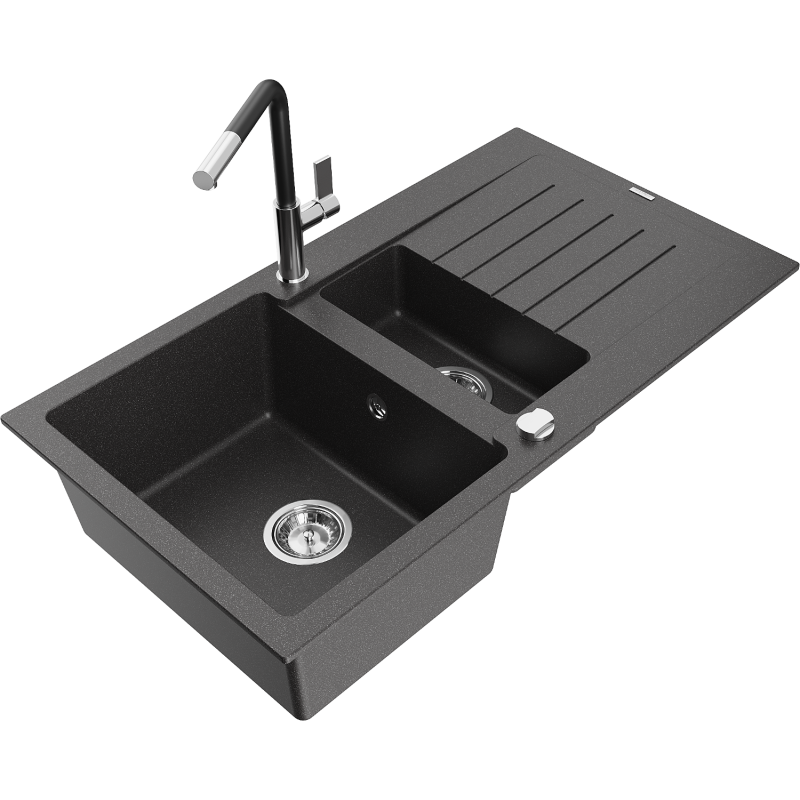 Mexen Matias 1.5-compartment granite sink with a drip tray and kitchen mixer tap Flora, spotted black - 6502-76-670401-07