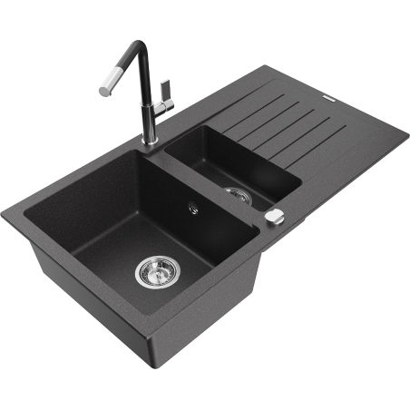 Mexen Matias 1.5-bowl granite sink with drainer and Flora kitchen tap, black speckled - 6502-76-670401-07