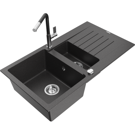 Mexen Matias granite sink 1.5-bowl with drainer and Flora kitchen faucet, speckled black - 6502-76-670401-07