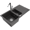 Mexen Matias 1.5-bowl granite sink with drainer and Flora kitchen faucet, black speckled - 6502-76-670401-07