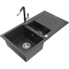 Mexen Matias 1.5-bowl granite sink with drainer and Flora kitchen tap, black speckled - 6502-76-670401-07
