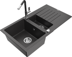 Mexen Matias 1.5-bowl granite sink with drainer and Flora kitchen tap, black speckled - 6502-76-670401-07