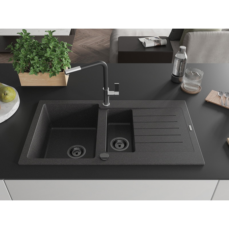 Mexen Matias granite sink 1.5-bowl with drainer and Flora kitchen faucet, black speckled - 6502-76-670401-07-B