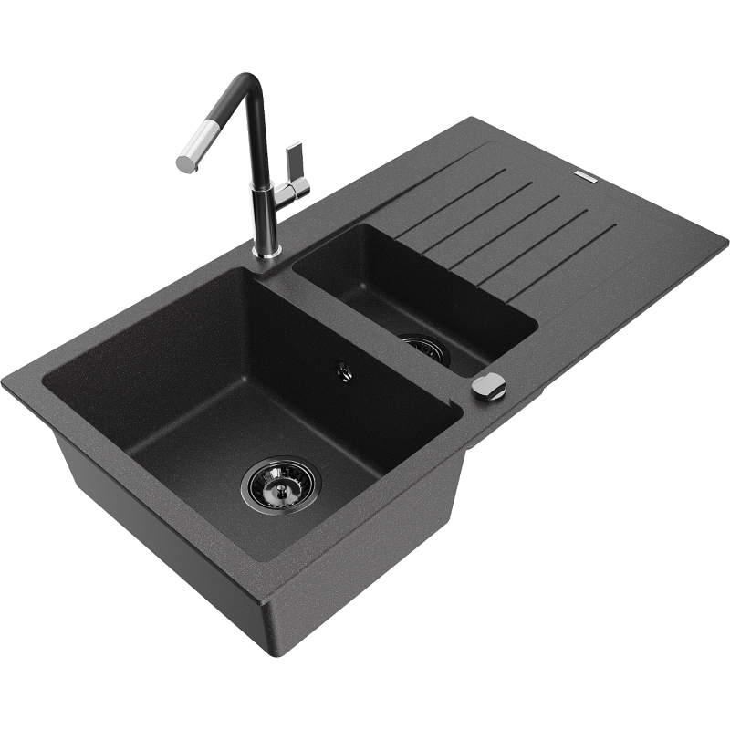 Mexen Matias granite kitchen sink 1.5-bowl with drainer and Flora kitchen tap, black speckled - 6502-76-670401-07-B