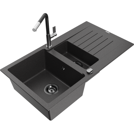 Mexen Matias granite sink 1.5-bowl with drainer and Flora kitchen faucet, speckled black - 6502-76-670401-07-B