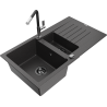 Mexen Matias granite sink 1.5-bowl with drainer and Flora kitchen faucet, black speckled - 6502-76-670401-07-B