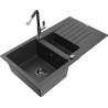 Mexen Matias granite sink 1.5-bowl with drainer and Flora kitchen faucet, speckled black - 6502-76-670401-07-B