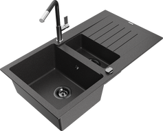Mexen Matias granite sink 1.5-bowl with drainer and Flora kitchen faucet, speckled black - 6502-76-670401-07-B
