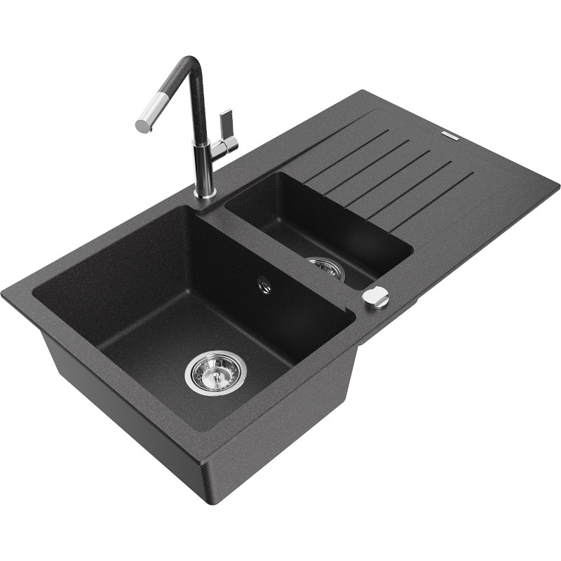 Mexen Matias granite sink 1.5-bowl with drainer and Flora kitchen faucet, black speckled - 6502-76-670401-08