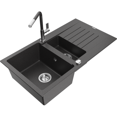 Mexen Matias granite sink 1.5-bowl with drainer and Flora kitchen faucet, black speckled - 6502-76-670401-08