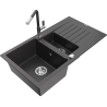 Mexen Matias granite sink 1.5-bowl with drainer and Flora kitchen faucet, black speckled - 6502-76-670401-08