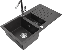 Mexen Matias 1.5-compartment granite sink with a drip tray and kitchen mixer tap Flora, Black/Gold metallic - 6502-76-670401-08