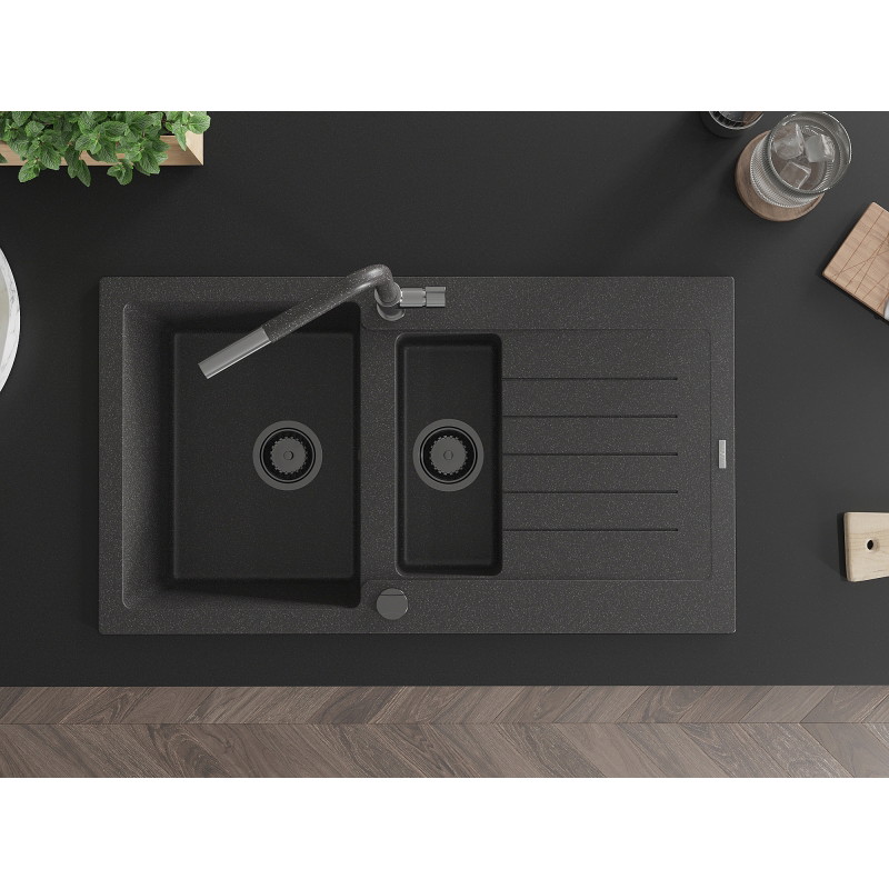 Mexen Matias granite 1.5-bowl sink with drainer and Flora kitchen faucet, speckled black - 6502-76-670401-08-B