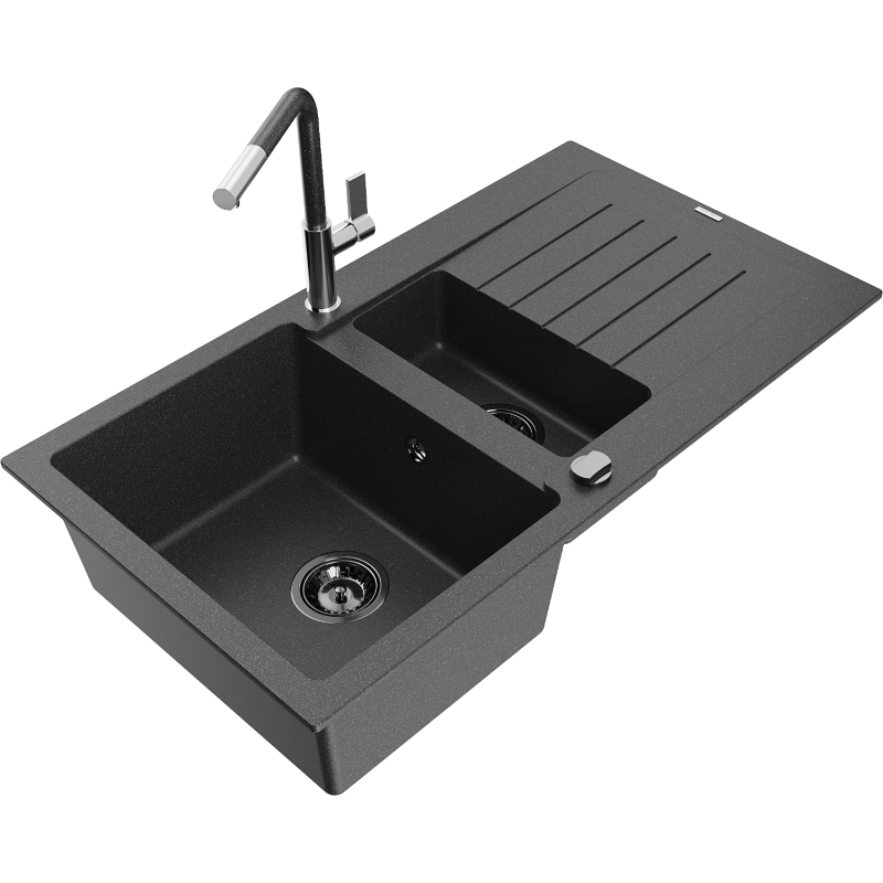 Mexen Matias 1.5-compartment granite sink with a drip tray and kitchen mixer tap Flora, spotted black - 6502-76-670401-08-B