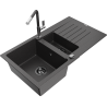 Mexen Matias granite 1.5-bowl sink with drainer and Flora kitchen faucet, speckled black - 6502-76-670401-08-B