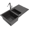 Mexen Matias granite sink 1.5-bowl with drainer and Flora kitchen faucet, speckled black - 6502-76-670401-08-B