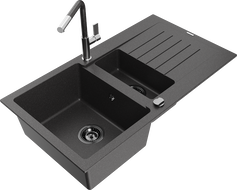 Mexen Matias granite sink 1.5-bowl with drainer and Flora kitchen faucet, speckled black - 6502-76-670401-08-B