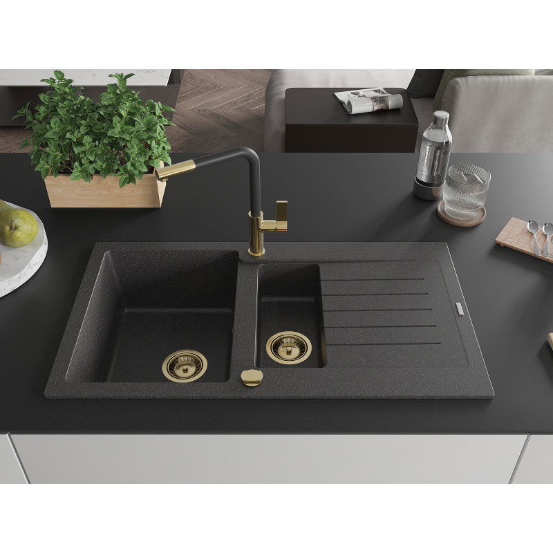 Mexen Matias granite sink 1.5-bowl with drainer and Flora kitchen tap, speckled black - 6502-76-670401-57-G