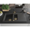 Mexen Matias granite sink 1.5-bowl with drainer and Flora kitchen faucet, black speckled - 6502-76-670401-57-G